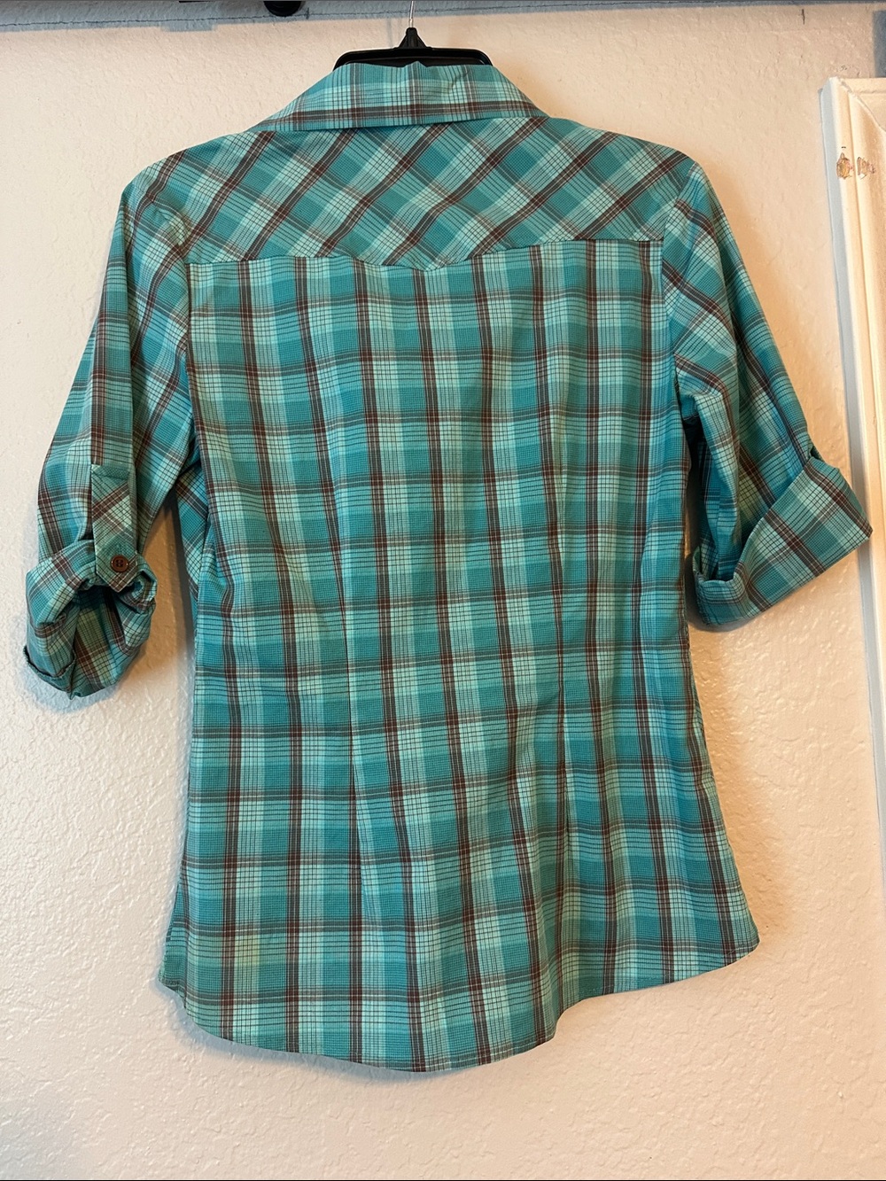 FANG Plaid Button-Up Shirt in Teal and Brown with bedazzle! - Picture 4 of 8